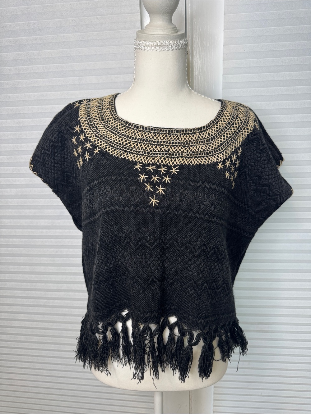 Black Knit Fringe Poncho with Cream Embroidered Yoke 1364